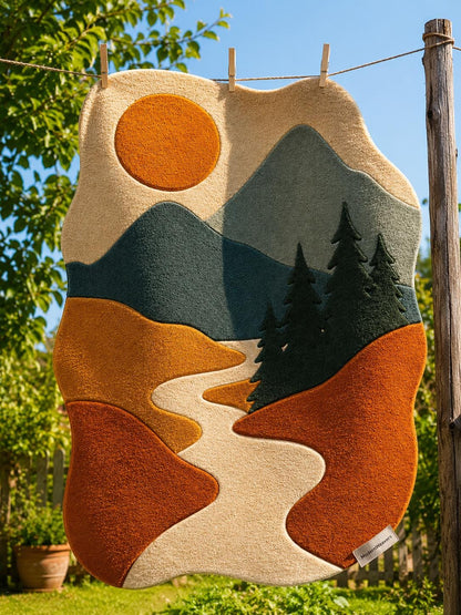 Mountain Landscape Hand Tufted Rug | Nature Inspired Boho Area Rug | Forest & River 3D Textured Carpet | Earth Tone Modern Nursery Decor
