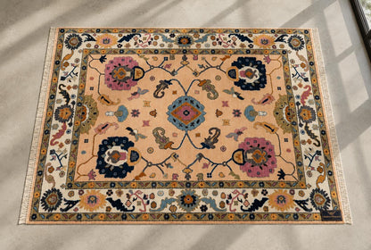 Stunning Hand-Knotted Peach Oushak Rug | ModernWeavers Floral Medallion Rug | Premium Wool Turkish Style Carpet for Living Room or Bedroom