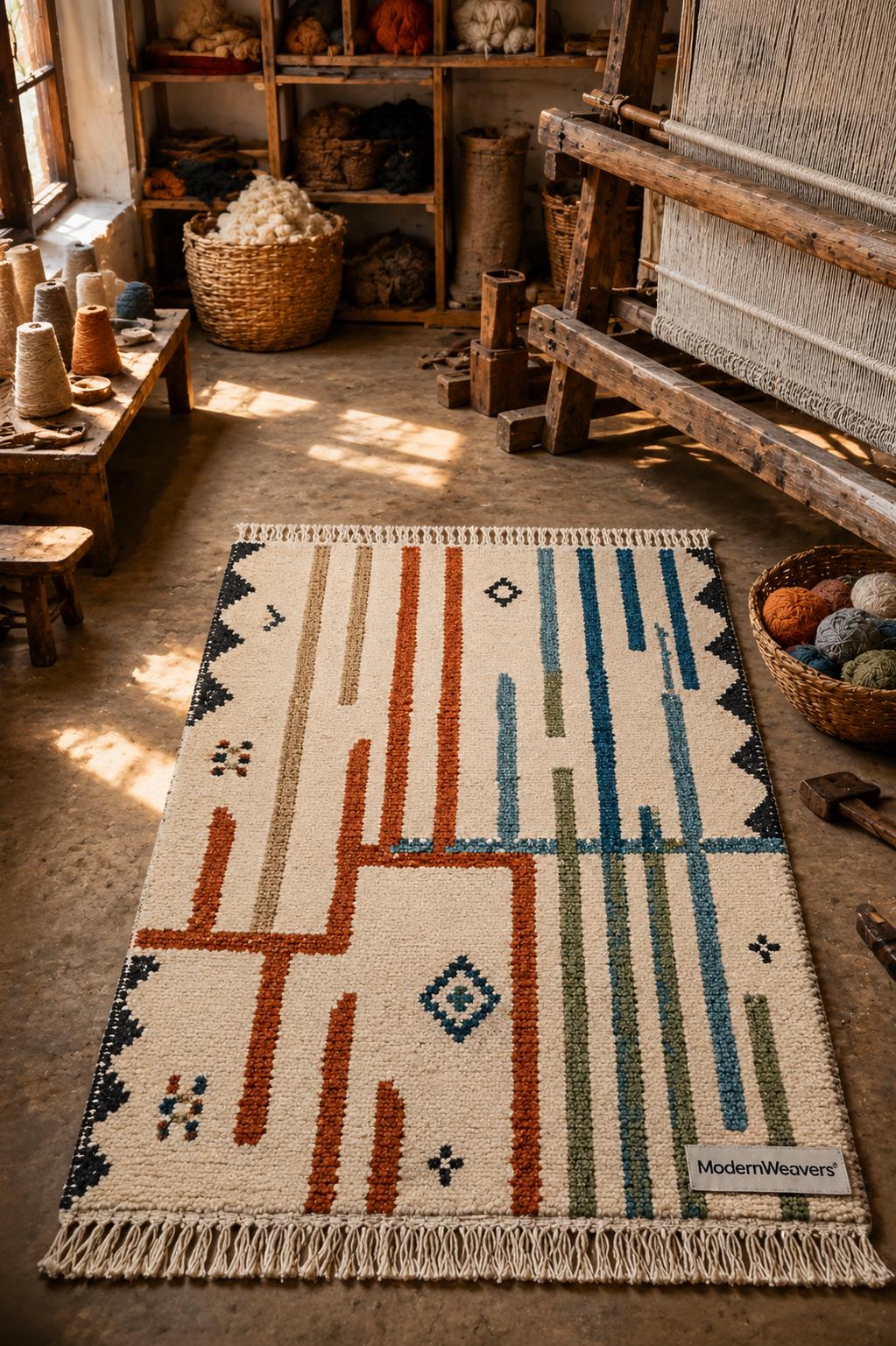 Hand Knotted Moroccan Rug | Abstract Linear Tribal Carpet, Boho Teal Rust Fringed Floor Art
