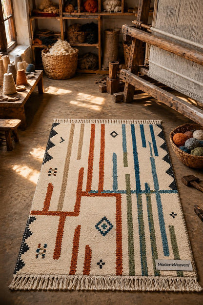 Hand Knotted Moroccan Rug | Abstract Linear Tribal Carpet, Boho Teal Rust Fringed Floor Art