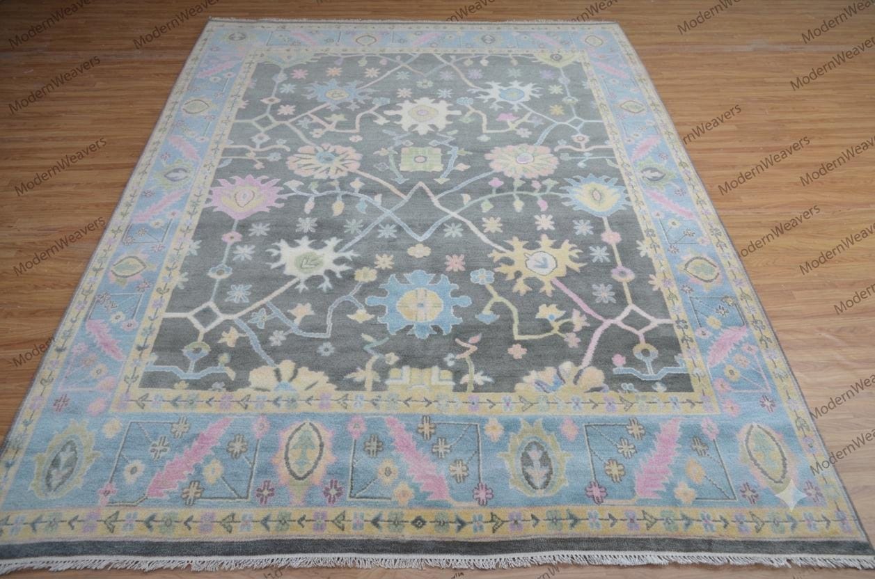 The Serana Hand-Knotted Oushak Wool Rug – 9'x12', Gray & Pastel Blue