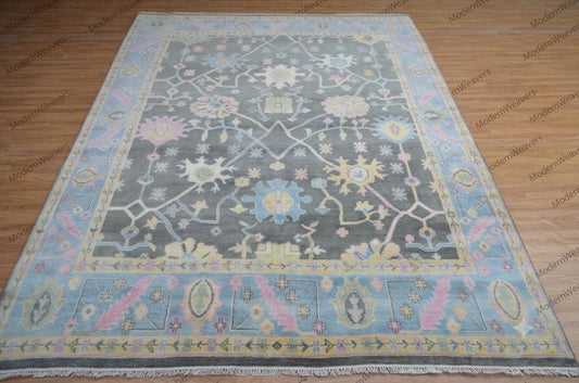 The Serana Hand-Knotted Oushak Wool Rug – 9'x12', Gray & Pastel Blue